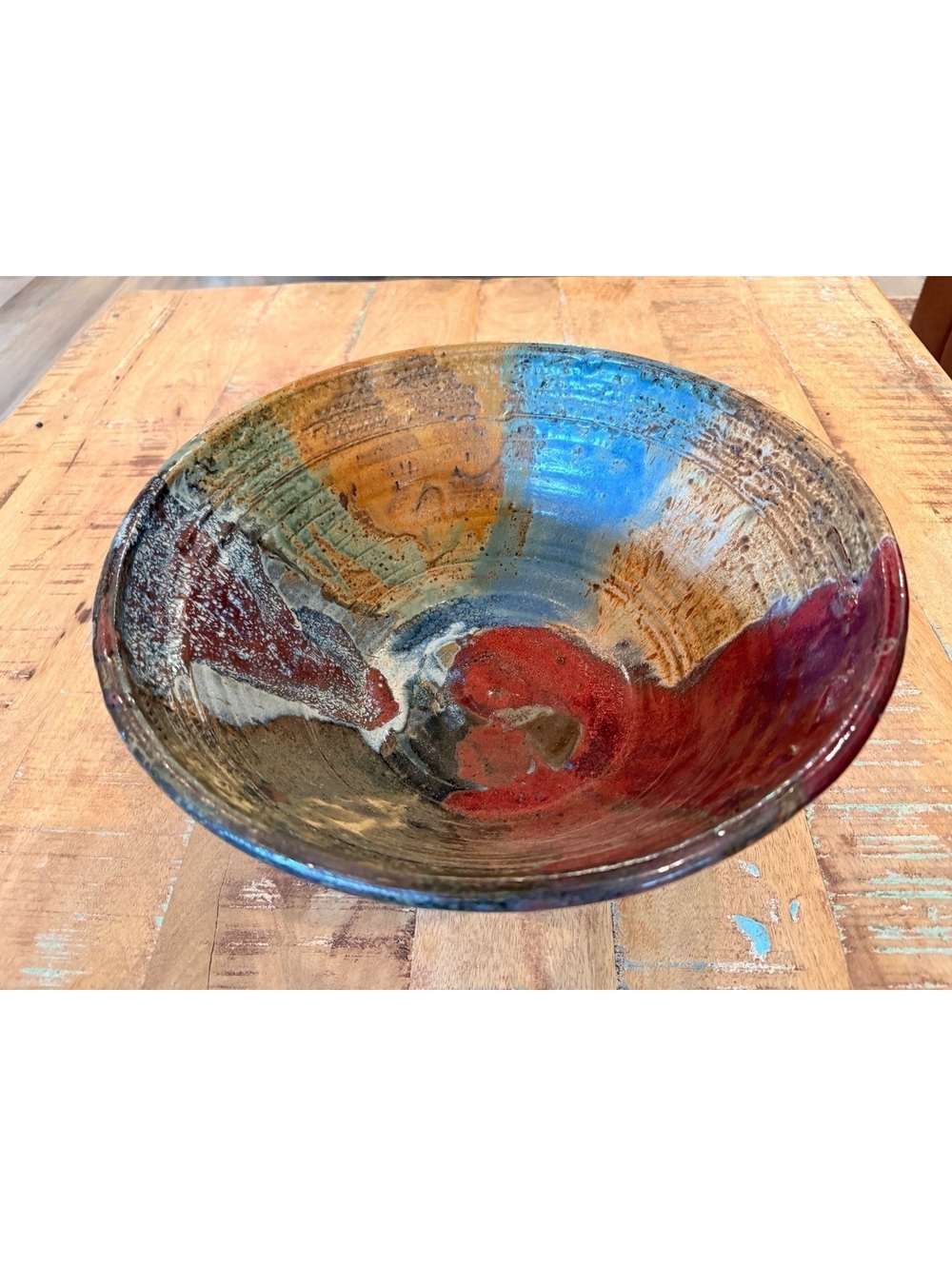 Signed Studio Art Pottery, 14 Inch Centerpiece, Heavy 7lb Ceramic Fruit Bowl